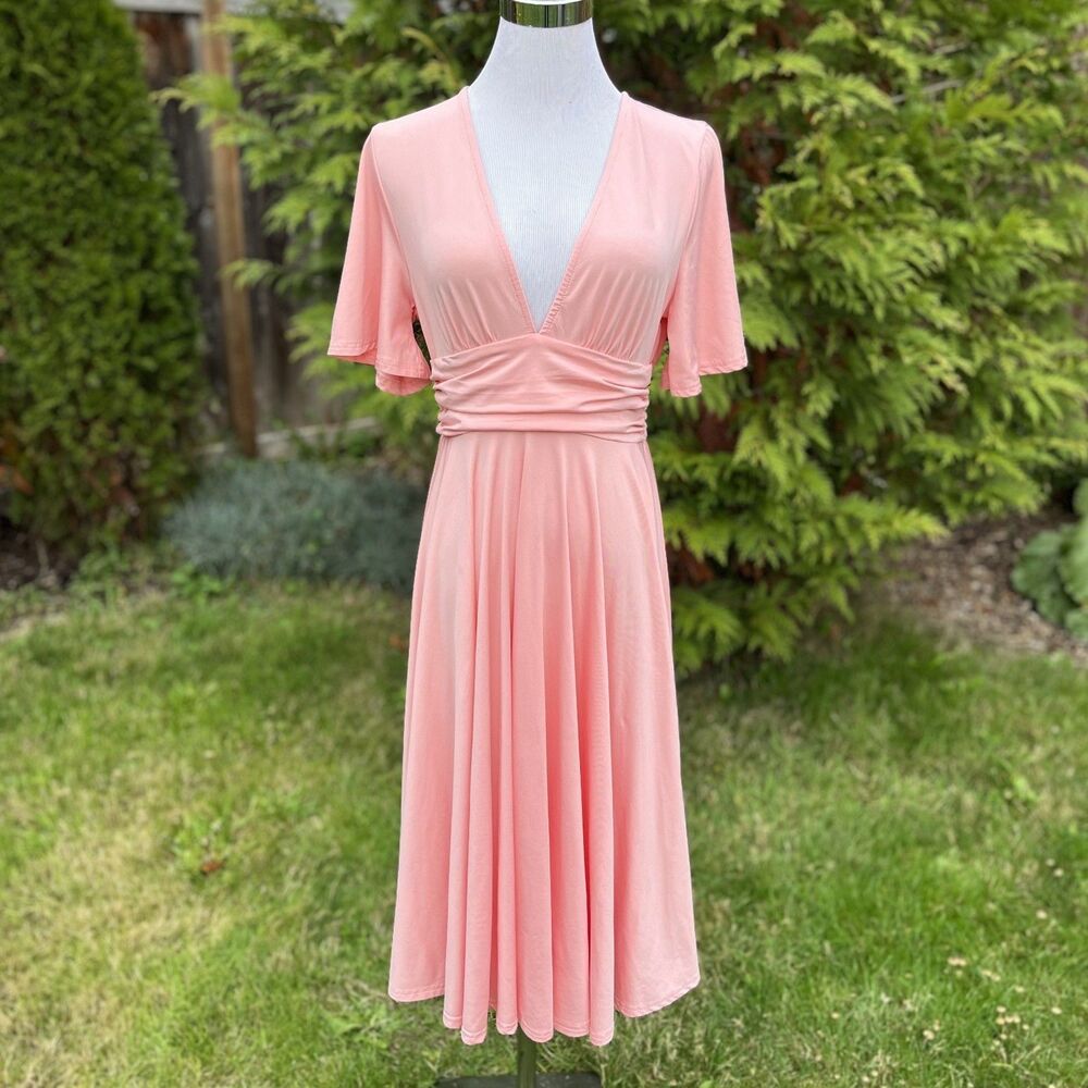 Dress‎ Day Baby Pink Maternity Midi Dress with Short Sleeves Sz L